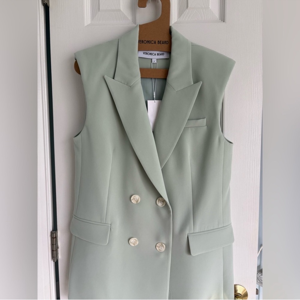 Veronica Beard Sleeveless Double-Breasted Blazer in Sage Green
